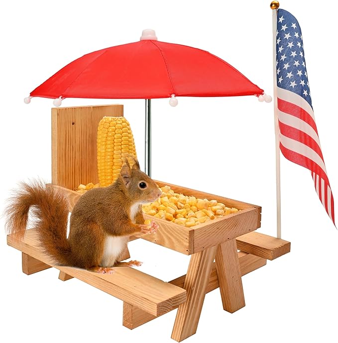 Squirrel Feeder Picnic Table with Umbrella, Large Size Wooden Squirrel Feeder for Outside with Corn Cob Holder for Yard and Porch Decoration, Easy to Fill Peanuts in Shell and Nuts