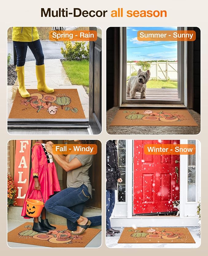 Door Mat Outside Entrance: Fall Door Mat Faux Coir Doormat 17x30 inch for Outdoor Entry - Halloween Cute Funny Door Mats Non-Slip Mats - Welcome Matt Pumpkin Ghost Pattern for Halloween Decor