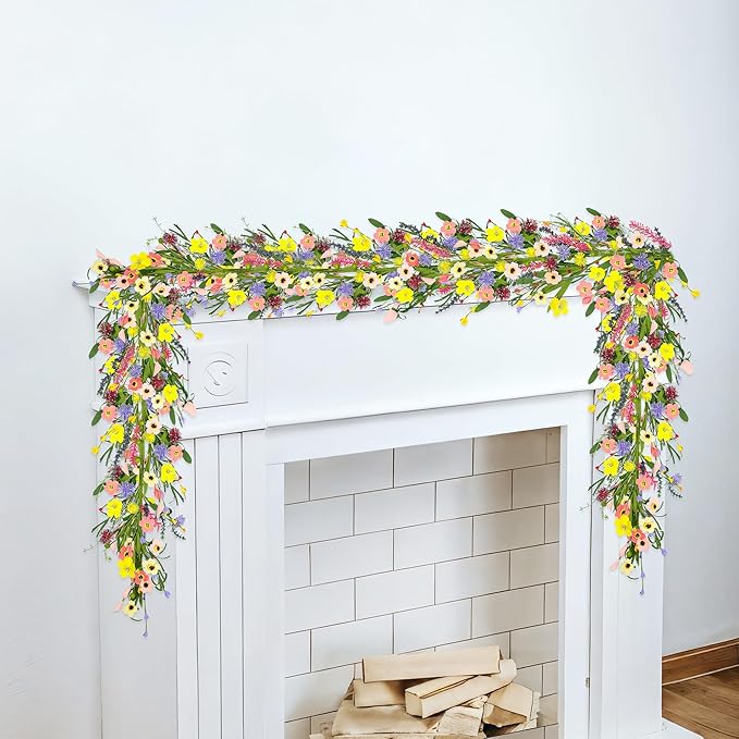 6 ft Artificial Wildflower Garland Wisteria Lavender Daisy Faux Floral Vine Summer Spring Floral Fake Garland All Year Round Home Decor for Indoor Outdoor Home Wedding Arch