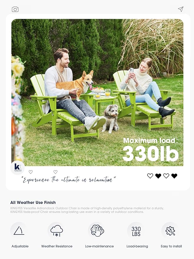 KINGYES Folding Adjustable Adirondack Chair with Ottoman & 2 Cup Holders Set of 2, HDPE Adirondack Recliner Chair with Footrest, Apple