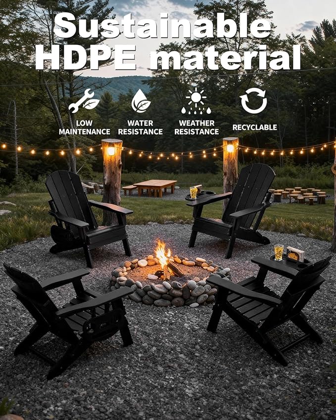 Adjustable Adirondack Chair Set of 4 with Cup Holder, All Weather HDPE Fire Pit Chairs for Deck, Backyard, Patio, Black