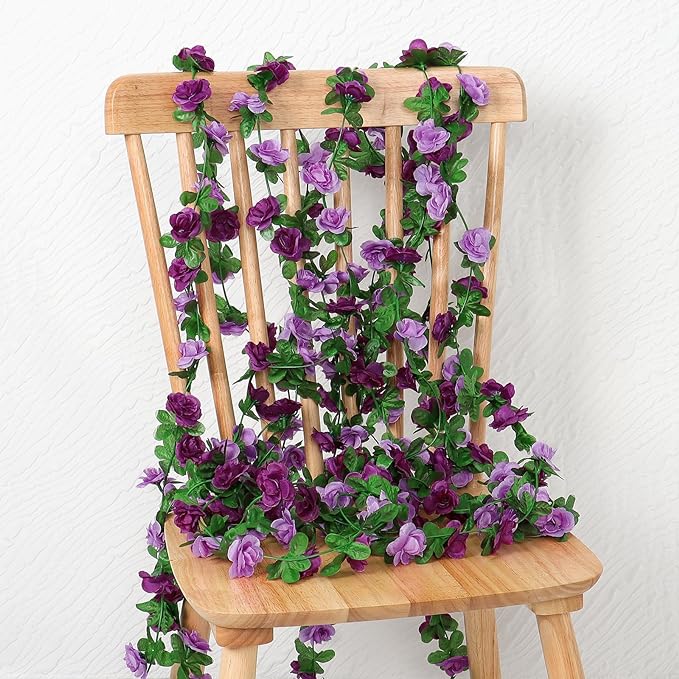 KHOYIME 18 Pack 144 FT Artificial Flower Garland, Fake Purple Roses Vines Silk Flowers Faux Plastic Outdoor Hanging Floral Ivy Garland Decoration for Wedding Arch Bedroom Home Wall Backdrop Room Decor