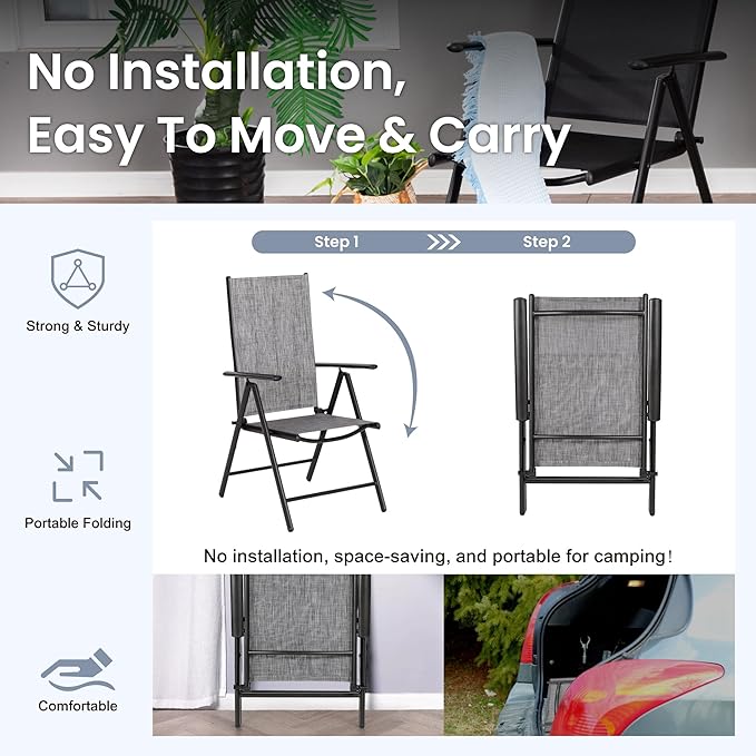 PHI VILLA 7 Piece Patio Dining Set with Outdoor Table and Chairs, Outdoor Dining Set with 6 Patio Folding Sling Chair with Armrest & 1 Rectangle Patio Dining Table with 1.57" Umbrella Hole (Grey)