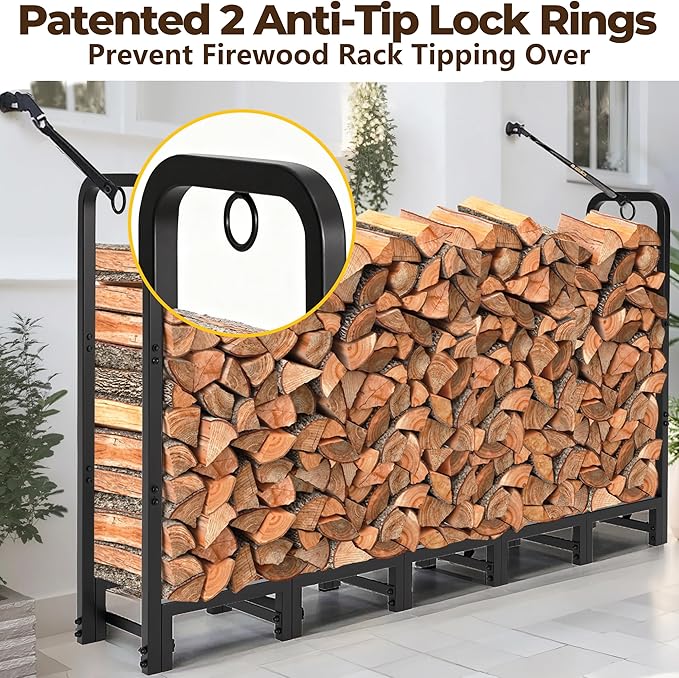 Amagabeli 6ft Firewood Rack Outdoor Heavy Duty Fire Wood Rack Log Holder Organizer Stand for Fireplace Indoor Adjustable Metal Wood Pile Lumber Storage Organizer Stacker for Patio Porch Black