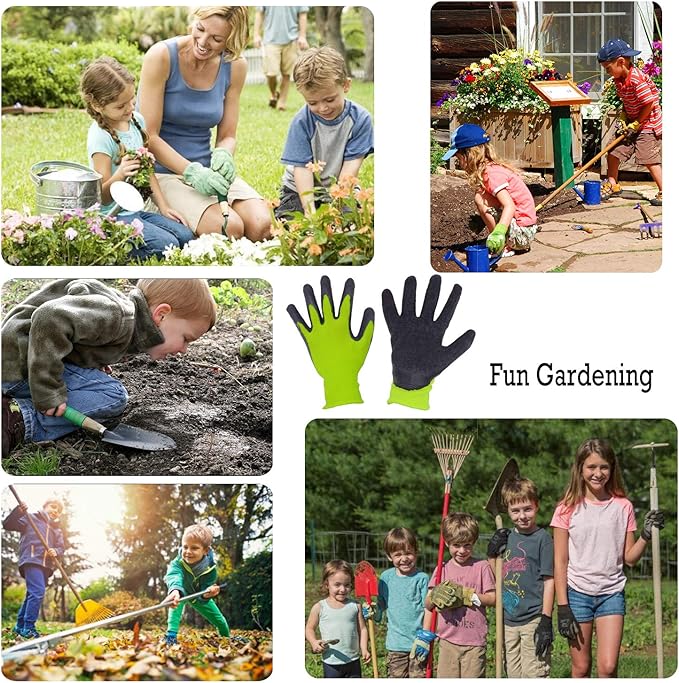 HANDLANDY 3 Pairs Kids Gardening Gloves Latex Free, Nitrile Coated Children Toddler Garden Yard Work Gloves for Little Girls Boys 5-6 (Size M, Black-Green)