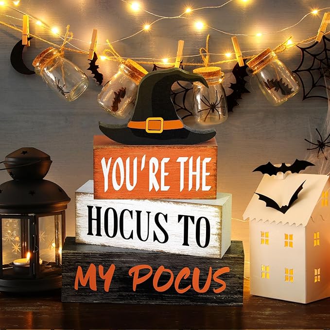 4 Pcs Halloween Hocus Pocus Table Decor Witch Hat Wooden Signs Distressed You're the Hocus to My Pocus Tabletop Centerpieces Witch Tiered Tray Decor Rustic Halloween Decorations for Home Desk