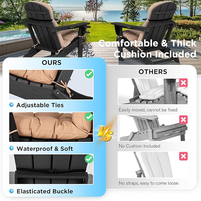 nalone Folding Adirondack Chair with Cushion with Cup Holder, HDPE Plastic Oversized Patio Chair Weather Resistant, Used in Outdoor, Fire Pit, Deck, Garden, Campfire Chairs (Black)