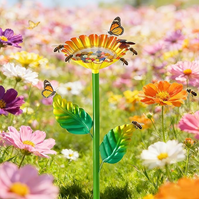 Bee Watering Station, Metal Bee Water Station with Flower Design Colorful Butterfly Bath Bowl Drinking Feeder Cups for Outdoor Garden Yard Decor (Yellow)