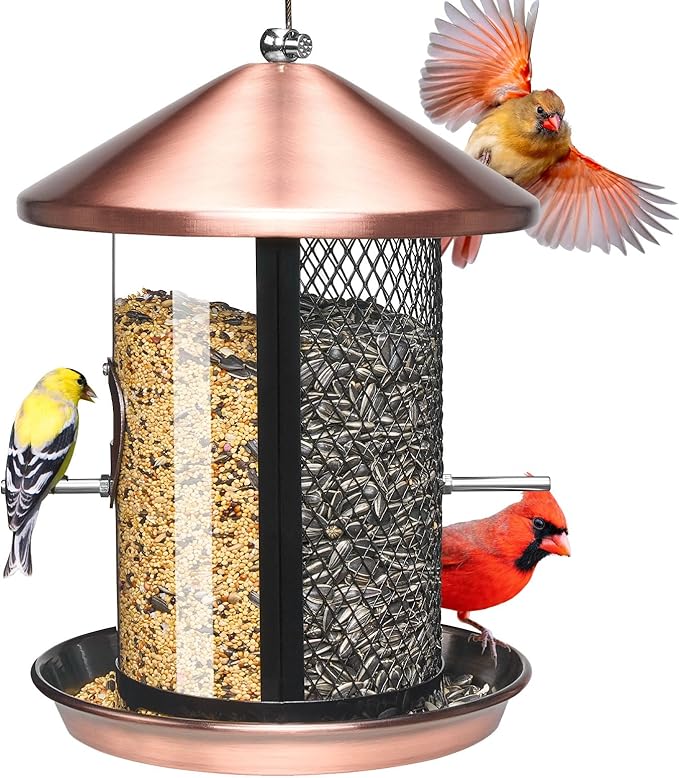 Kingsyard Metal Bird Feeder for Outdoor Hanging - Chew Proof Bird Finch Cardinal Feeder with Dual Chamber of 4 lbs Capacity for Bluebird, Antique Copper