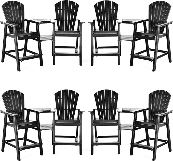 Tall Adirondack Chairs Set of 8, HDPE Balcony Chair with Double Connecting Tray, Weather Resistant Outdoor Adirondack Bar Stools for Patio, Deck, Patio, Backyard, Balcony. (Black)