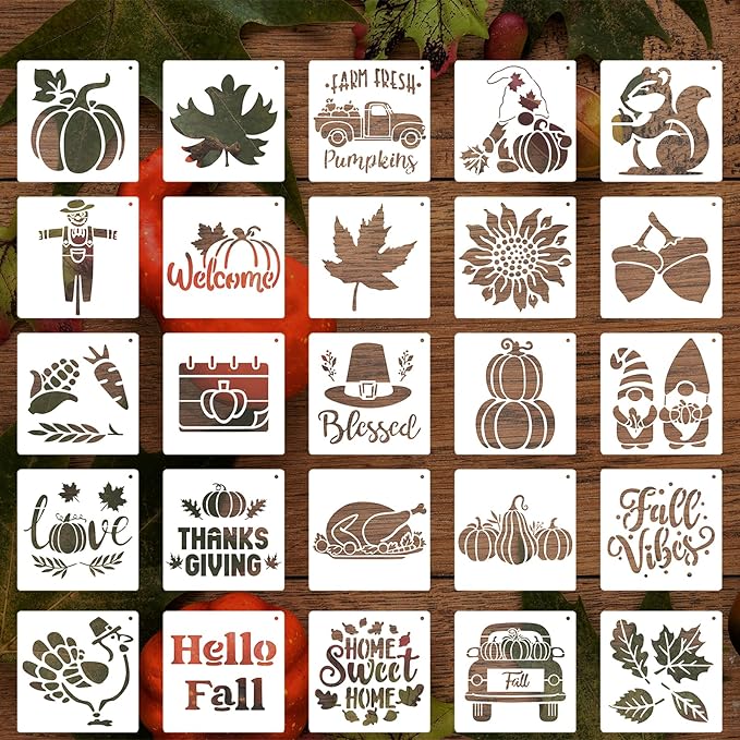 25 Pcs Thanksgiving Fall Stencils Reusable, 6x6 in Autumn Drawing Stencils for Painting on Wood, Pumpkin Maple Spraying Templates for DIY Greeting Cards Holiday Crafts Canvas Fabrics Wall Door Decors