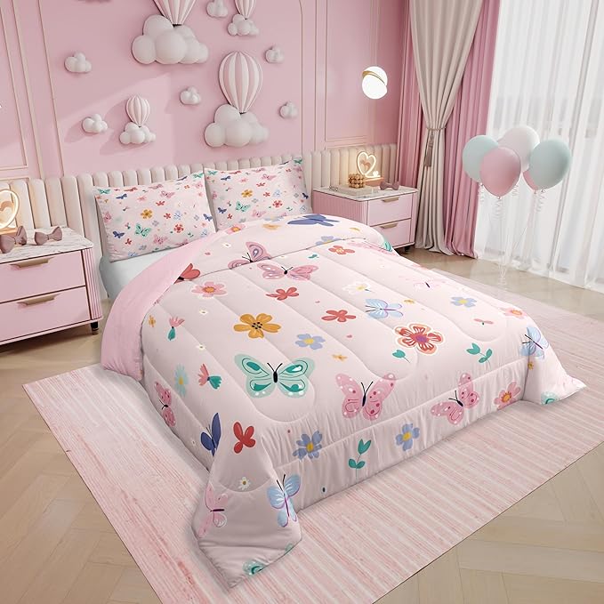 Erosebridal Kawaii Butterfly Twin Bedding Set,Cute Pink Floral Comforter Set for Girls Kids,Coquette Flower Garden Comforter,Pink Girly Princess Bedroom Room Decor,1 Pillowcase Reversible