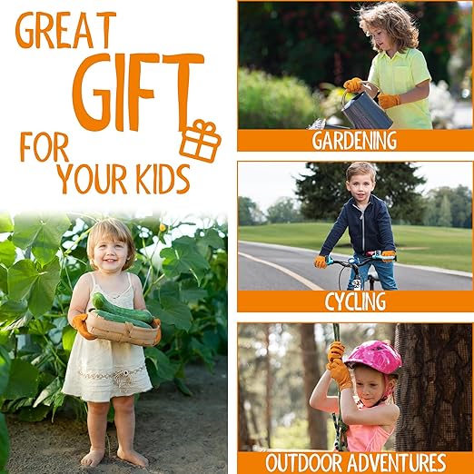 HANDLANDY 2 Pairs Kids Genuine Leather Work Gloves for ages 3-11, Children Gardening Gloves for Boys, Girls (Medium (for age 5-7), Orange)