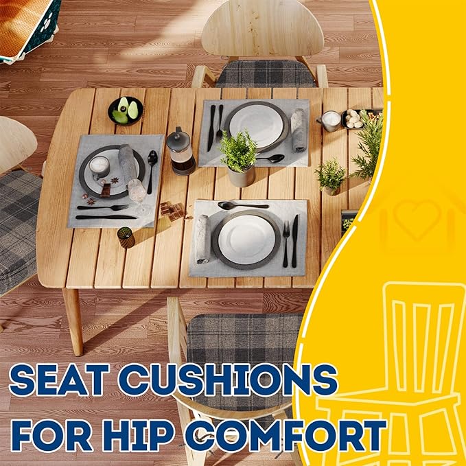 AAAAAcessories D-Shaped Chair Cushions, 2" Thick Dining Chair Pads with Ties and Removable, Machine-Washable Cover, 17" x 16", Set of 6, Brown Checkered