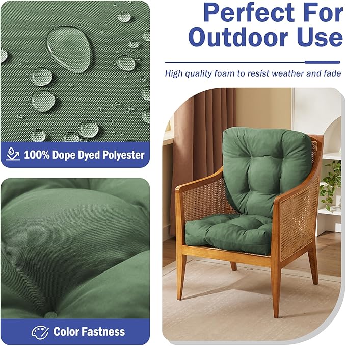 Outdoor Chair Cushions Set of 2, Patio Chair Cushions with Ties, 17x17+4” Tufted Outdoor Seat Cushions, Waterproof Patio Furniture Cushions, Outdoor Dining Chair Pads, Forest Green