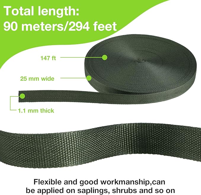 Shappy Tree Tie Strap Garden Webbing Strap Garden Plant Supports Tree Tie Staking for Outdoor Use, Plant Supports, Grafting, Straightening Supplies(Dark Green,295 Feet x 1 Inch)