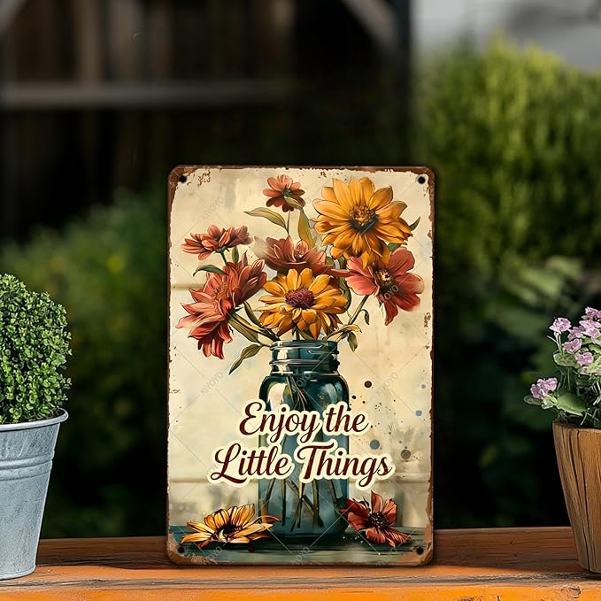 Garden Signs Vintage Flower Sign Funny Fresh Flowers Iron Painting Enjoy The Little Things for Kitchen Enjoy for Farmhouse Home Garden Kitchen Office 12x8 Inch