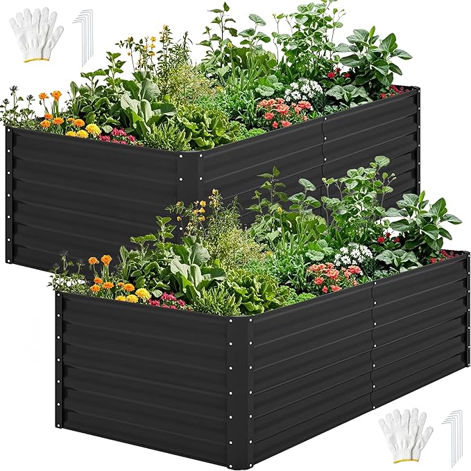 DWVO 2pcs 6 x 3 x 2 FT Raised Garden Bed Kit, Outdoor Galvanized Flower Bed with Gloves, Large Metal Planter Box for Vegetables, Flowers, Herbs, Fruits, Black