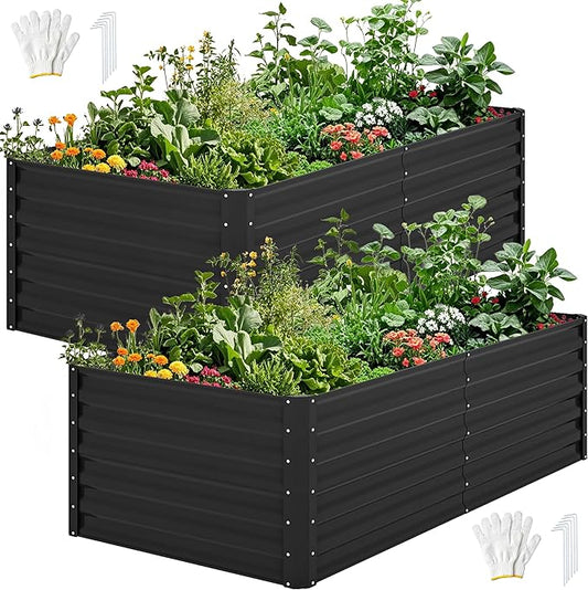 DWVO 2pcs 6 x 3 x 2 FT Raised Garden Bed Kit, Outdoor Galvanized Flower Bed with Gloves, Large Metal Planter Box for Vegetables, Flowers, Herbs, Fruits, Black