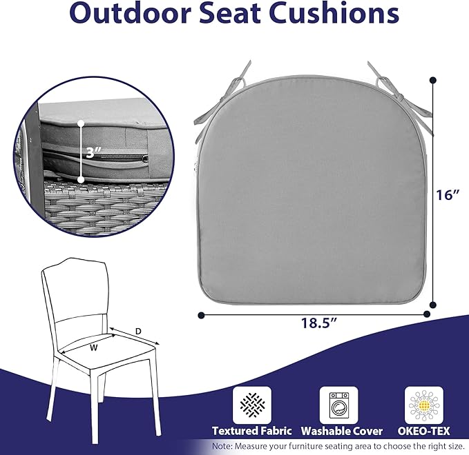 Outdoor Chair Cushions Set of 4 -Waterproof Outdoor Seat Cushions for Patio Furniture, Patio Chair Cushion with Handle and Ties, Round Out Door Chair Pads,18.5" x 16" x 3", Grey