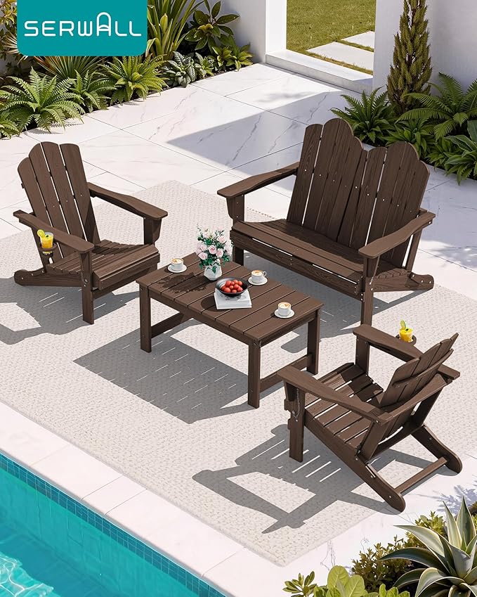 SERWALL Folding Adirondack Bench, HDPE All-Weather Adirondack Loveseat, 660 lbs Capacity, Foldable Outdoor Patio Bench for Deck, Lawn, Garden, Coffee