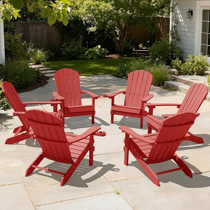 YEFU Adirondack Chairs Set of 6: Plastic Adirondack Chairs - Patio Chairs with Wood Texture - Outdoor Chair HIPS - Lawn Fire Pit Deck Porch Garden Chairs for Adults (Red)