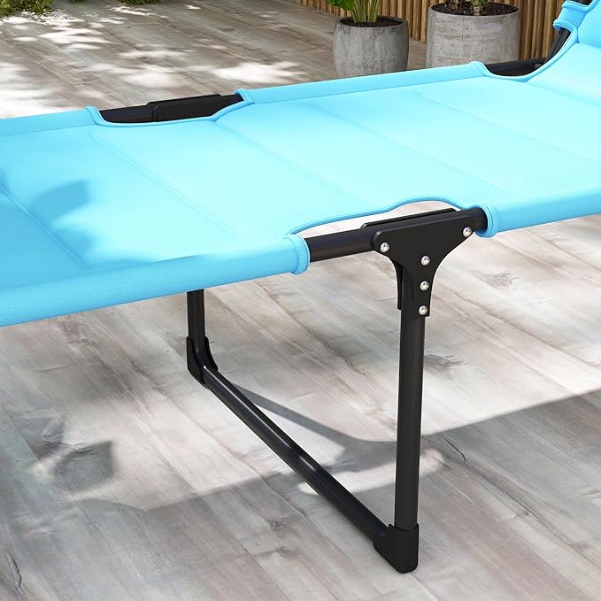 Outsunny Outdoor Lounge Chair, Adjustable Backrest Folding Chaise Lounge, Cushioned Tanning Chair with Sunshade Roof & Pillow Headrest for Beach, Camping, Hiking, Light Blue