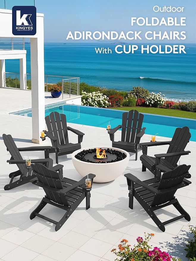 KINGYES Folding Adirondack Chair, HDPE All-Weather Patio Chairs with Cup Holder, Wooden Textured Fire Pit Chairs for Poolside, Backyard, Deck, Grey