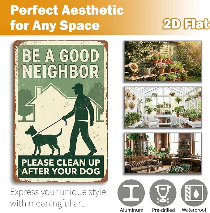 Polite Dog Poop Tin Sign - "Be A Good Neighbor Please Clean Up After Your Dog" Vintage Metal Yard Sign - 8x12 Aluminum Plaque for Lawn, Garden, HOA - Metal Sign Aesthetic Reminder