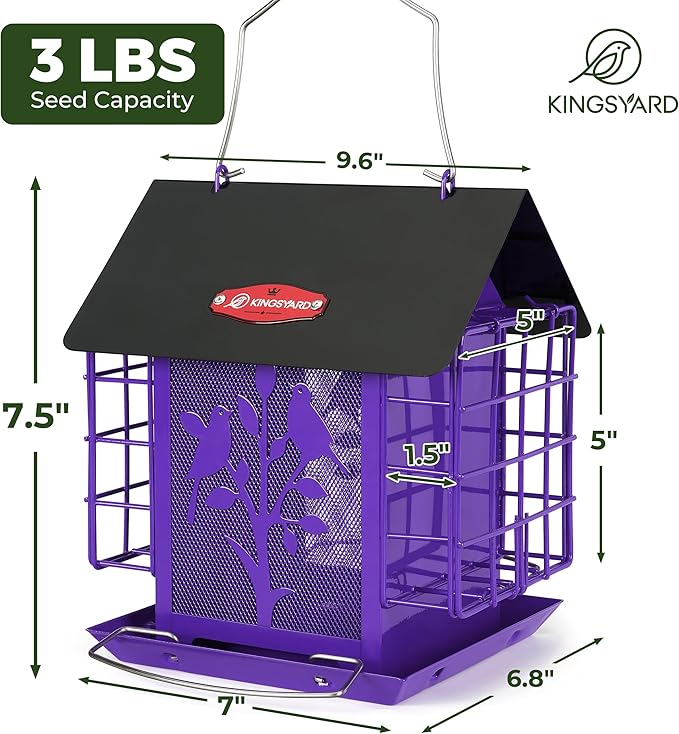 Kingsyard Metal Bird Feeder for Outdoor Hanging, Wild Bird Feeder with Double Suet Cage, Weatherproof Roof and 3 lbs Large Seed Capacity, Purple