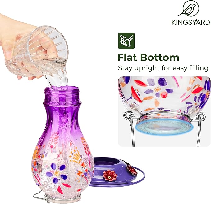 Kingsyard Glass Hummingbird Feeder for Outdoors Hanging - 26 oz Leak Proof Nectar Feeder with 6 Feeding Ports & Ant Moat for Garden Backyard Decor, Purple