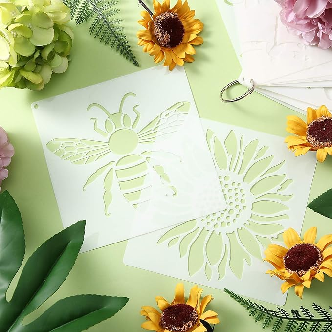 Zonon 16 Pieces Stencils for Painting, Reusable Large Butterfly Hummingbird Sunflower Stencil with Metal Open Ring, DIY Craft Templates for Spring Summer Wood Wall Canvas Home Decor(5.1 x 5.1 Inch)