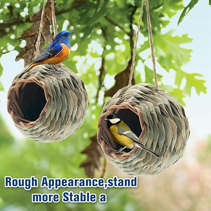 WDEFUN Humming Bird Houses for Outdoor Hanging, Natural Grass Bird Hut,Hand Woven Hummingbird Nest,Wren Finch Bird House for Garden Window Outdoor Home 2 Pack
