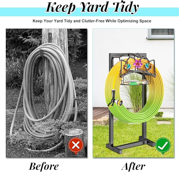 Garden Hose Holder, Heavy Duty Metal Water Hose Holder with Storage Basket, Freestanding Hose Stand Hanger, Sturdy Hoses Storage Rack 150-feet for Outside Yard Lawn