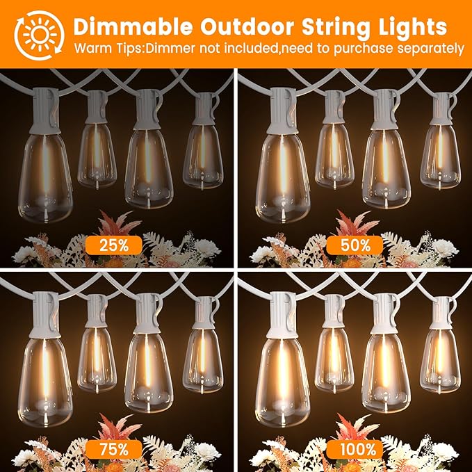 LED Outdoor String Lights 100ft ST38 White Waterproof Patio Lights with 50 Vintage Shatterproof Bulbs(3 Spare), Dimmable Outside Hanging Edison String Lights for Backyard Porch Balcony, Warm White