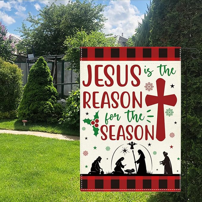 Jesus is the Reason for The Season Christmas Garden Flag Xmas Christian Nativity Winter Holiday Outside Outdoor Lawn Decorations Yard Flag Double Sided 12x18 Inch