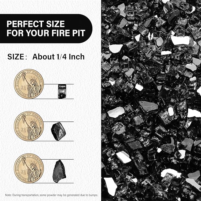 NUPICK 5 Pound Fire Glass, 1/4 Inch Reflective Fire Pit Glass, Tempered Firepit Glass Rock for Propane or Natural Gas, Glass Rocks for Fire Pit Table, Fireplace Glass for Landscaping, Black