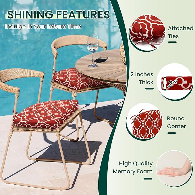 HARBOREST Outdoor Chair Cushions Set of 6, Water Resistant Patio Chair Cushions with Ties, Outdoor Seat Cushions for Patio Furniture, 17"x16"x2", Wine Red Geometry