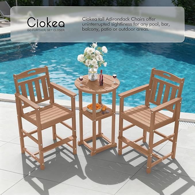 Ciokea Set of 2 Outdoor Tall Bar Chairs, 27" Bar Height Patio Stools with Arms & High Back, Heavy Duty All-Weather Adirondack Tall Chairs for Balcony, Poolside, Deck and Garden, Teak