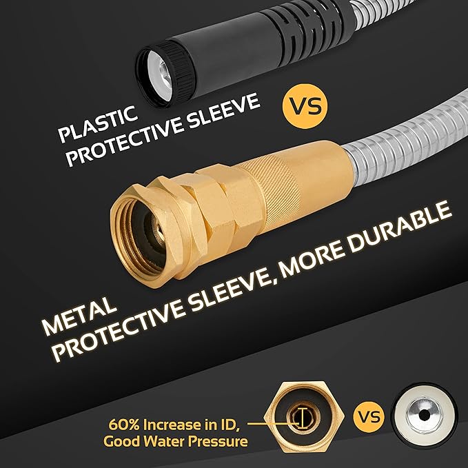 Garden Hose Metal - 25ft Heavy Duty Stainless Steel Water Hose with 8 Function Sprayer & Metal Fittings, Flexible, Lightweight, No Kink, Puncture Proof Hose for Yard, Outdoors, Rv