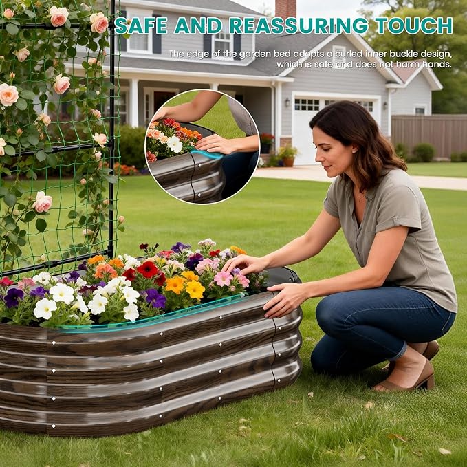 SUNYRISY Galvanized Raised Garden Bed with 87" H Arch Trellis for Climbing Plants Outdoor, Metal Planter Box with Netting for Gardening Flowers Vegetables Fruit Herb, Wood Grain