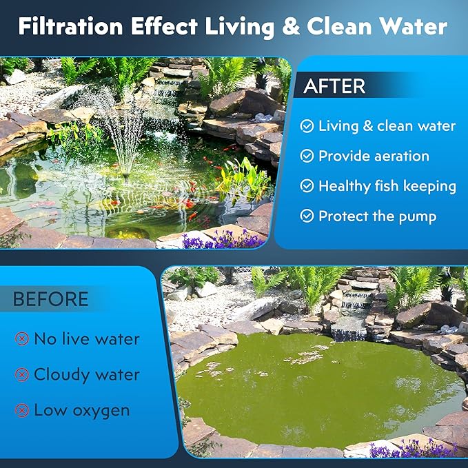 Biling Solar Pond Filter for Small Pond, 8W Solar Water Fountain with 3600mAh Battery, Clean Water Creat Water Features for Outdoor Pond Water Feature, Work Stable in Daytime