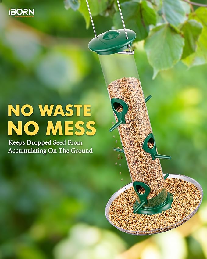 iBorn Bird Feeders Seed Catcher for Outside Hanging 6 Port Bird Feeder for Cardinal Birds Aluminium Metal,Green Finishing 14 Inch 6 Port (Seed is not Included)