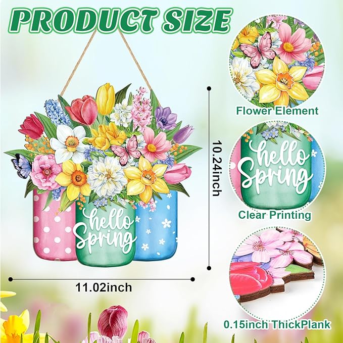 Spring Wreath for Front Door Sign Wall Signs Decoration,Flower Wreath Sign Hello Spring Welcome Hanging for Home Wall Decor Party Outdoor Indoor Supply Easter Decoration
