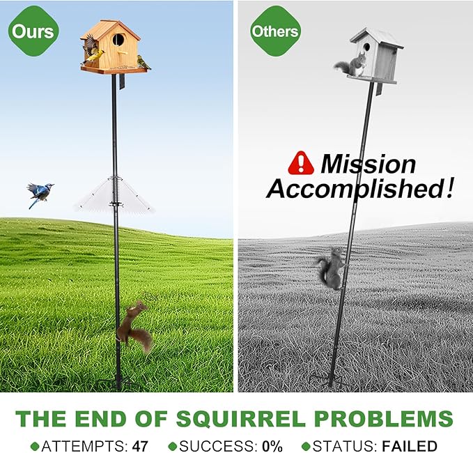 Bird Feeder Pole with Squirrel Baffle 107 Inch Bird House Poles Squirrel Proof for Outdoors Heavy Duty Smart Bird Feeding Station with Stainless Steel Spring Adjustable Height Mounting Pole