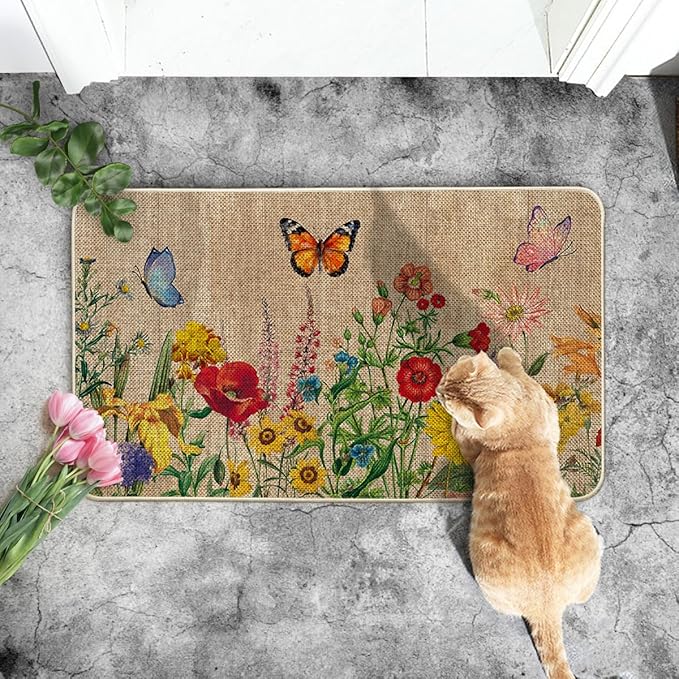 Artoid Mode Wood Flowers Butterfly Spring Doormat, Home Summer Decor Low-Profile Switch Rug Door Mat Floor Mat for Indoor Outdoor 17x29 Inch