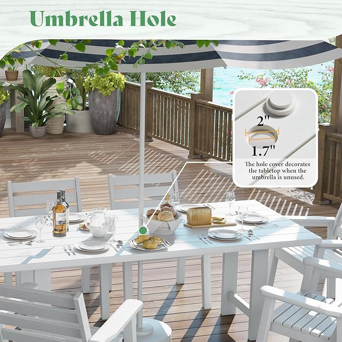 AMERLIFE 7-Piece HDPE Outdoor Dining Set with Umbrella Hole, 71" L Patio Table and Chairs Set for 6, Modern Garden Dining Set for Backyard, Poolside, Porch, White