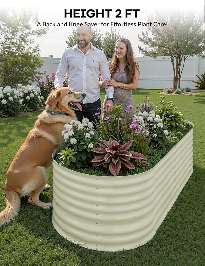 IDEAHOUSE 2-Pack Raised Garden Bed - Heavy-Duty Galvanized Steel Outdoor Planter Box for Vegetables, Flowers & Herbs - Rust-Resistant, Easy-Assembly Garden Box, Beige/Green