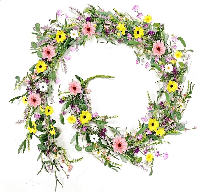 6.5 Ft Summer Flower Vine Garlands Artificial Wildflower Wisteria Lavender Daisy Spring Garland Not Withering Floral Wreath Garland All Year Round Home Decor for Indoor Outdoor Home Wedding Arch