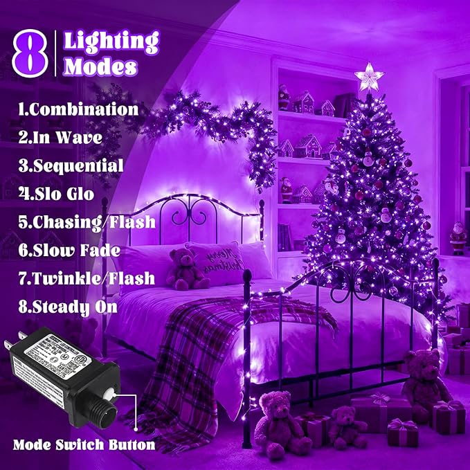 66FT 200 LED Christmas Lights Outdoor, Purple Christmas String Lights Indoor Waterproof 8 Modes, Connectable Twinkle Fairy Lights Clear Wire for Home House Room Patio Garden Party